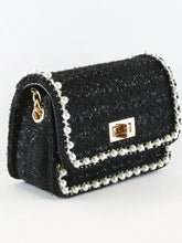 Load image into Gallery viewer, B1306 BLACK Pearl Trim Tweed Purse
