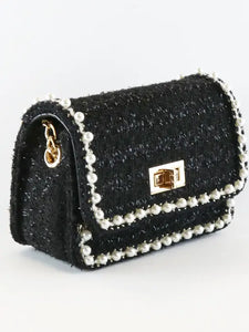 B1306 BLACK Pearl Trim Tweed Purse